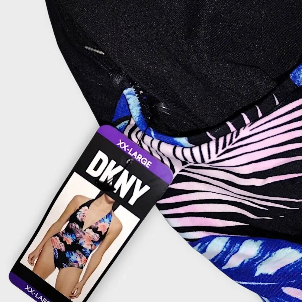 DKNY Womens Swimsuit Sz XXL Floral Navy Halter Tie High Cut Legs Ruched Tummy NW - Picture 5 of 8